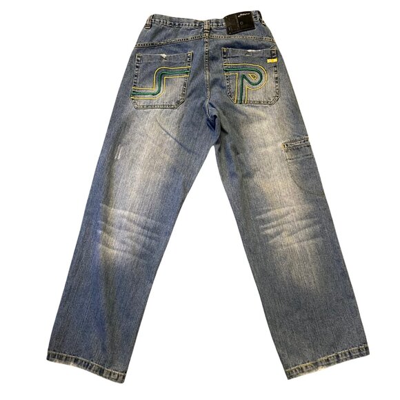 Rare VTG Y2K Southpole Embroidered Wide Leg Straight Denim Jeans Size 30 x 32 - Picture 2 of 15